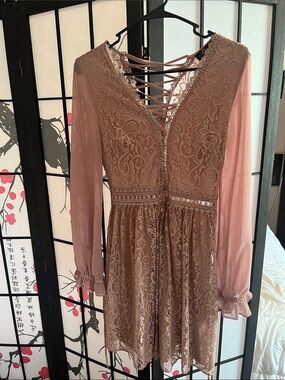 TOPSHOP Lace-Detail Long chiffon Sleeve Dress in Blush Pink Boho Size 2